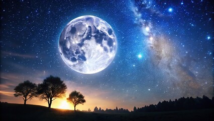 Naklejka premium Starry night sky with a full moon silhouette