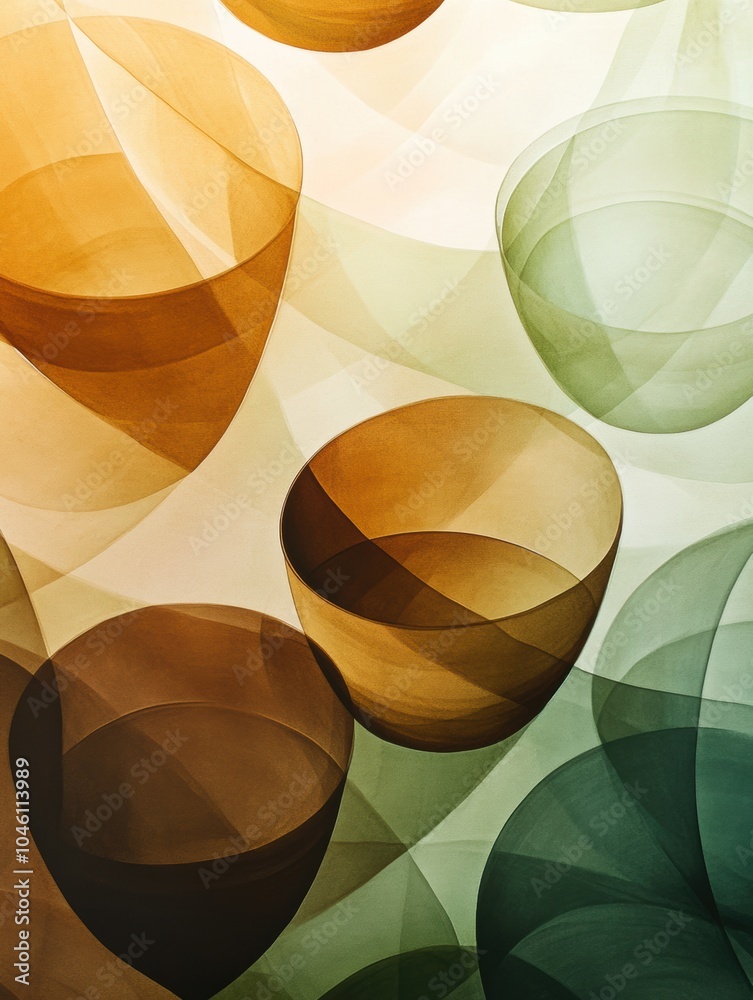 Poster circular shapes in warm brown and green tones evoke a tranquil feeling, reminiscent of tea cups floa