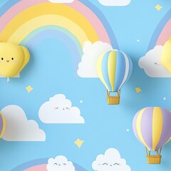 Naklejka premium Colorful Hot Air Balloons and Clouds with a Rainbow on a Blue Background