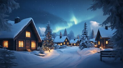 Fototapeta premium Beautifully lit cozy cabins nestled in a snowy landscape,with a decorated Christmas tree,as northern lights dance overhead in night sky,copy space
