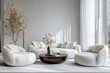 Fototapeta premium Minimalist living room country style interior with beige boucle armchairs and sofa