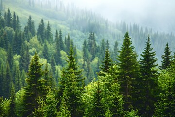 Obraz premium Foggy morning in the coniferous forest. Landscape