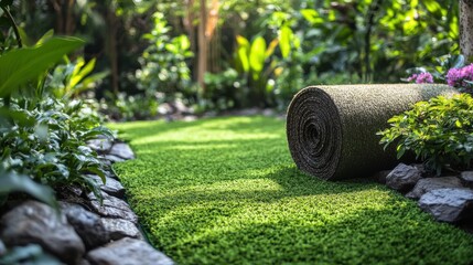 Roll of artificial grass being laid out in a landscaped garden surrounded by lush greenery and decorative rocks.