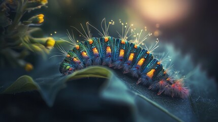 A colorful caterpillar with glowing hairs rests on a green leaf.