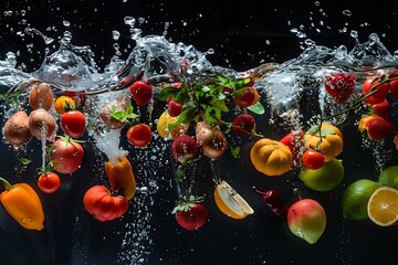 Fresh fruits and vegetables falling into water with splash on black background