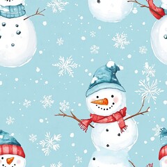 Watercolor Seamless Pattern of Snowmen with Winter Accents
