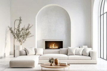Living Room with Sofa against fireplace in room with arch window