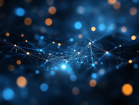 Abstract digital network with glowing dots and lines on dark blue background.