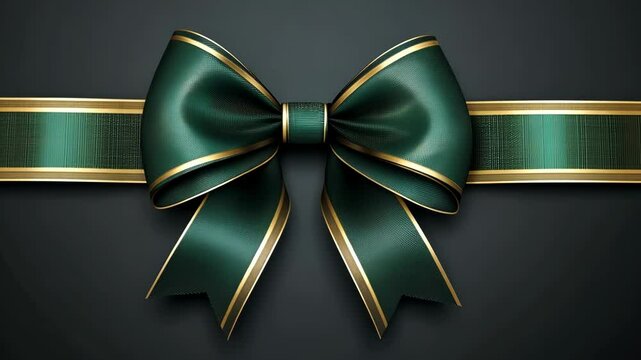 A green satin bow with a gold stripe is tied on a dark green ribbon