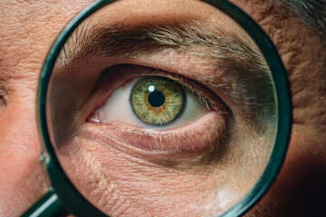 Beautiful detailed macro photography of the eye of a man, woman and children through a magnifying glass as a close or careful focus on the health and optics of vision
