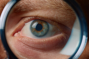 Beautiful detailed macro photography of the eye of a man, woman and children through a magnifying glass as a close or careful focus on the health and optics of vision
