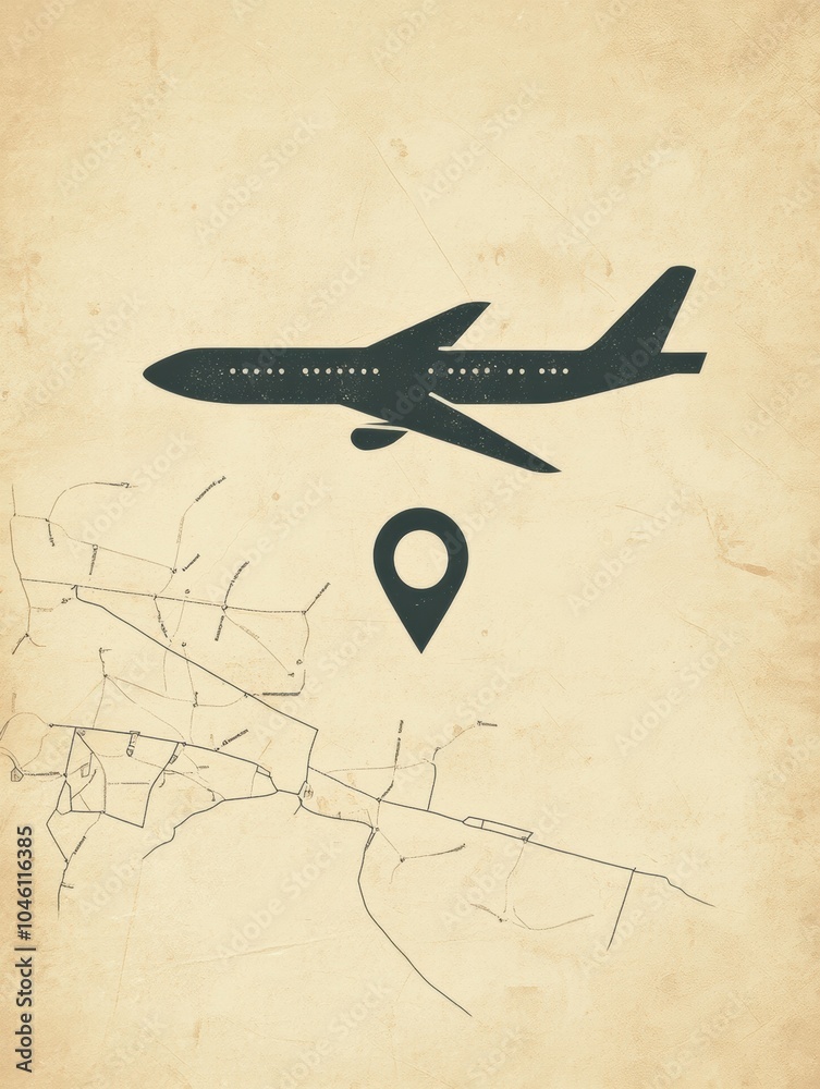 Leinwandbilder an airplane icon is depicted flying towards a map pin, creating a visual representation of travel an