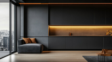 dark and black kitchen Interior design of an apartment in a modern style