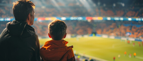 Father and son at sport game event, smiling and rooting for their favorite soccer or baseball team