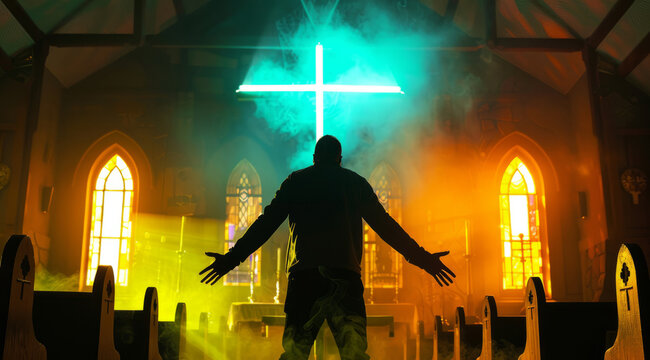 Christian man prays to lord Jesus Christ with passion in catholic church in front of the cross