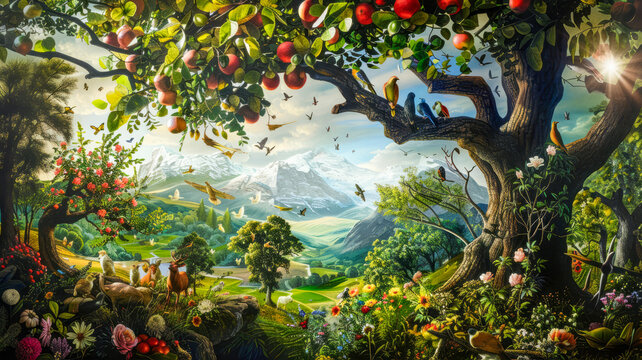 Illustration of paradise garden of Eden, happy eternal life