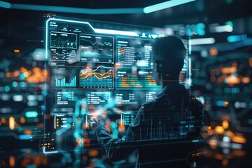 A holographic financial advisor displays a digital interface with charts and graphs, symbolizing AI-driven personal finance management in a futuristic setting