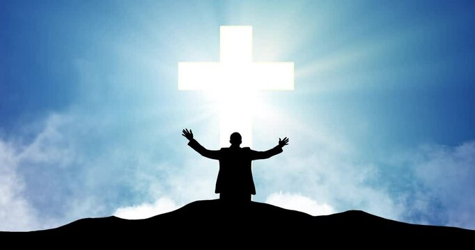 Cross, praying and silhouette of person on mountain for spiritual healing, worship or surrender to God. Christianity, shadow or forgiveness on hill for gratitude, praise to Jesus or guidance with sky