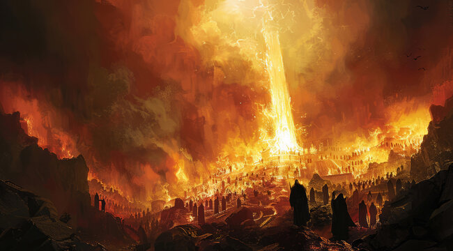 A fiery, dark scene of hell and eternal burning fire that punishes suffering sinners