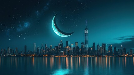 A crescent moon hangs over a city skyline at night.