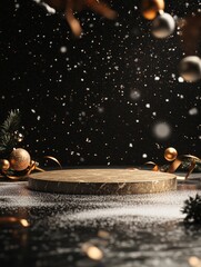 Naklejka premium Elegant festive display with glimmering ornaments and snowfall creating a magical winter atmosphere