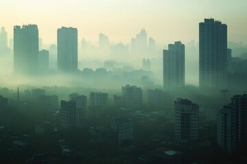 Fototapeta premium City skyline with morning haze, Monday morning, urban awakening