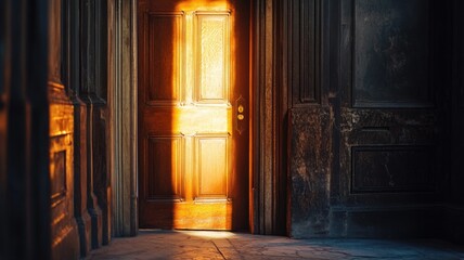 Warm sunbeam streaming through partially open wooden door in dimly lit vintage room