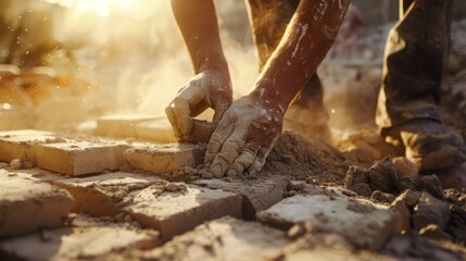 Construction worker laying bricks