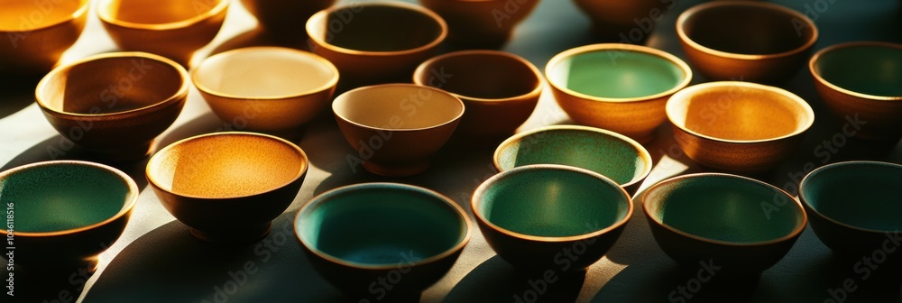 Aufkleber a collection of warm brown and green tea cups sits arranged together, illuminated by soft natural li