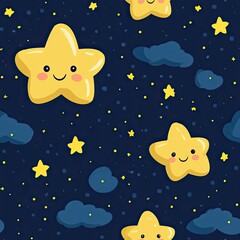 Smiling Yellow Stars and Blue Clouds on a Dark Blue Night Sky