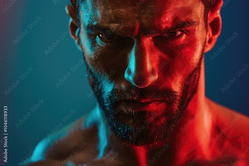 Wall mural muscular man with a sharp gaze and a strong body, solid color background representing the integratio