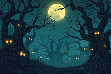 A flyer design featuring a spooky forest with twisted trees, glowing eyes peering out from the darkness, and an ominous full moon above