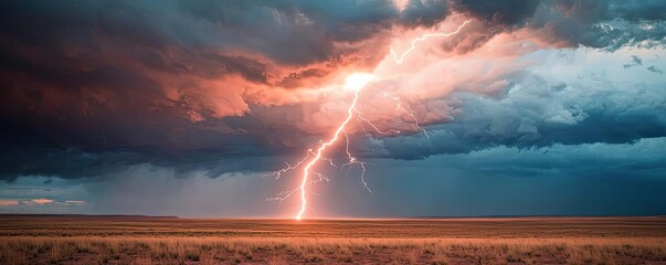 Dramatic lightning striking over a vast open landscape, showcasing nature's power.