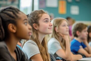 Obraz premium Students attentively listening to a teacher during a classroom lecture, engaging in thoughtful discussions and interactive learning with their peers