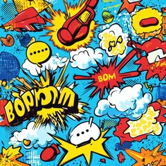 Fototapeta premium Doodles depict vibrant comic-style elements with speech bubbles, explosive graphics, and dynamic sound effects, creating a lively atmosphere. Generative AI