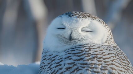 Fototapeta premium Sleepy Snowy owl with closed eyes