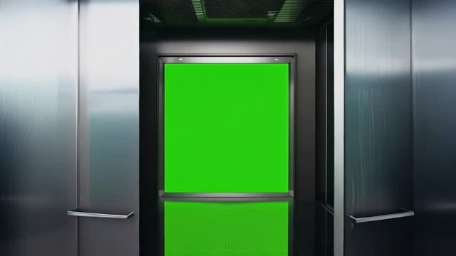 Witness modern elevator lift doors opening closing revealing vibrant green screen that symbolizes new opportunities business success presented seamless looping animation captivating 3D render 4K