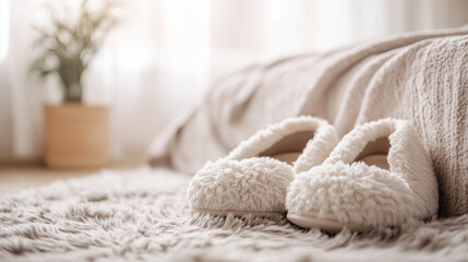 Bed Rest concept,pair of fluffy white slippers sits on a plush rug next to a neatly made bed while sunlight streams through sheer curtains,enhancing tranquil atmosphere,copy space
