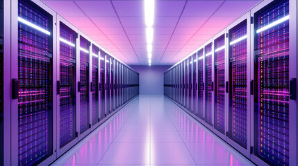 Fototapeta premium Towers of storage modules illuminated by data streams from a digital cloud deployment grid robotic tone vivid