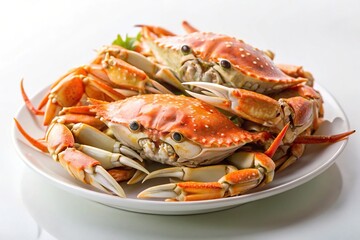 Steamed crab meat on white plate against white background