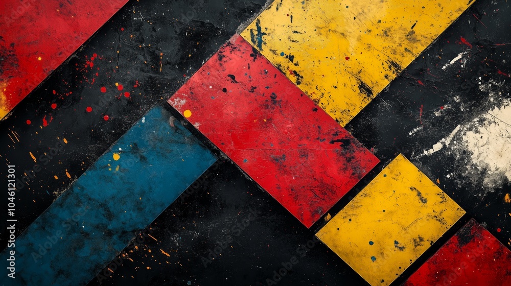 Fototapete a modern, abstract composition of geometric shapes in primary colors on an aged black background, wi
