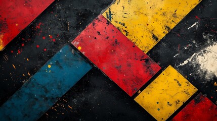 Naklejka premium A modern, abstract composition of geometric shapes in primary colors on an aged black background, with splashes and textures for texture