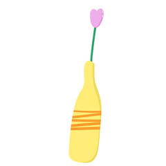 A yellow vase of single pink flower