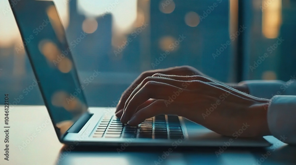 Poster Close-up of Hands Typing on Laptop Keyboard in City