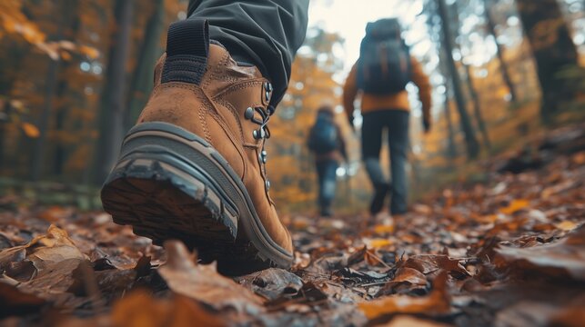 Close-up of hiking shoes walking through an autumn forest, with other hikers in the background