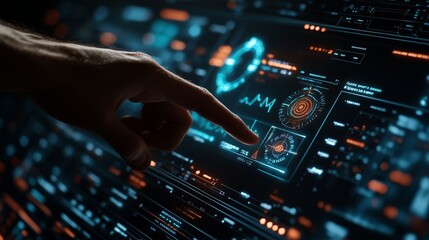 Hand touching digital screen with futuristic technology and data