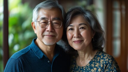 Happy smiling asian mature senior couple posing together