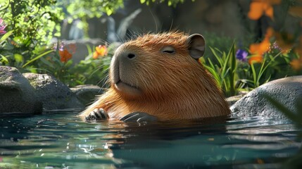 Cute Capybara relaxing in hot springs