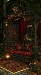 Fototapeta premium Cozy woodland cabin decorated for Christmas with a red couch, pillows and a lantern.