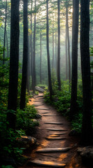 Fototapeta premium A sunlit path winds through a misty forest, inviting exploration.